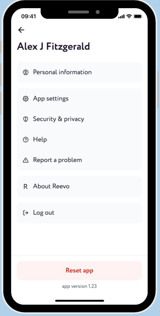 Reevo app profile and security screen